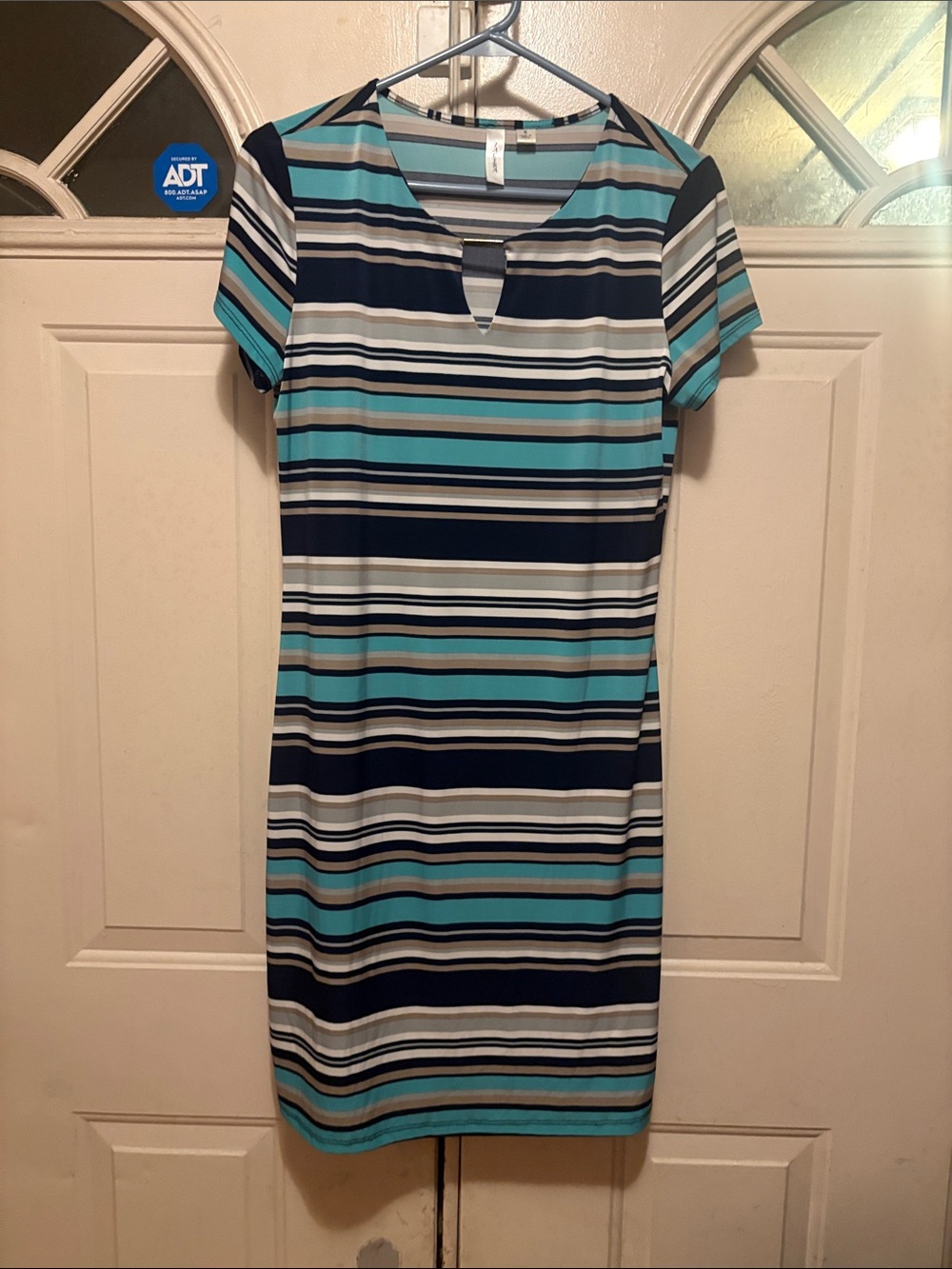 Striped Short-Sleeve Shift Dress in Teal, Navy & White